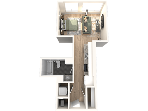 A top down view of a modern apartment layout.
